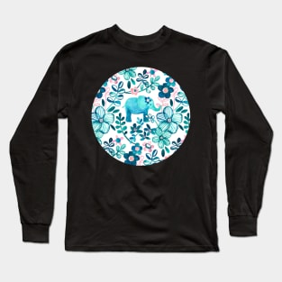 Dusty Pink, White and Teal Elephant and Floral Watercolor Pattern Long Sleeve T-Shirt